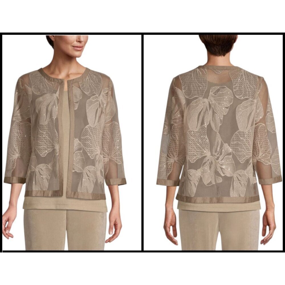 Chicos Travelers Floral Mesh Open Jacket Sequins Satin Event Holiday Size M NEW